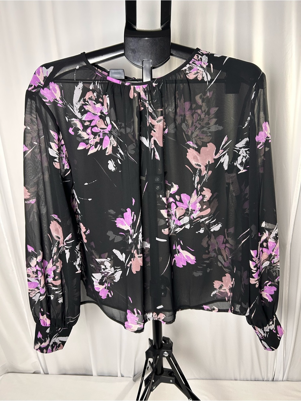 Worthington Black Sheer Blouse with Pink & Lavender Floral Print